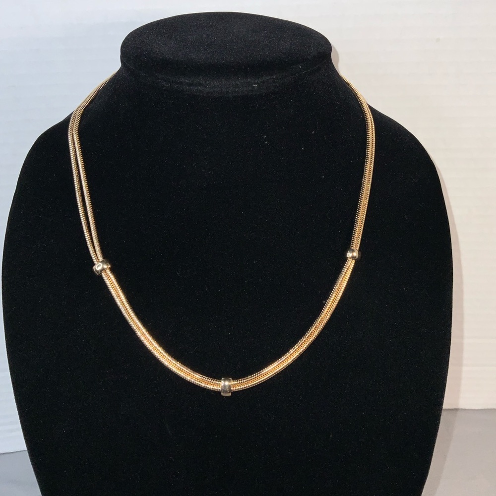 Gold Tone multi strand Snake Chain Necklace With Flat Station Beads 16”